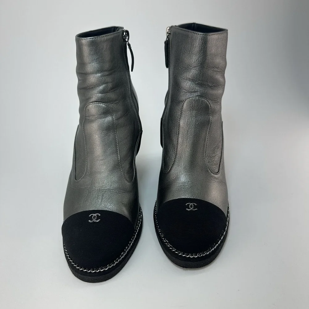 CHANEL Black Leather CC Logo Wedge Boots Size 37.5 Made In Italy